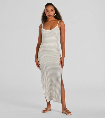 Weekend Vibes High Slit Striped Knit Maxi Dress