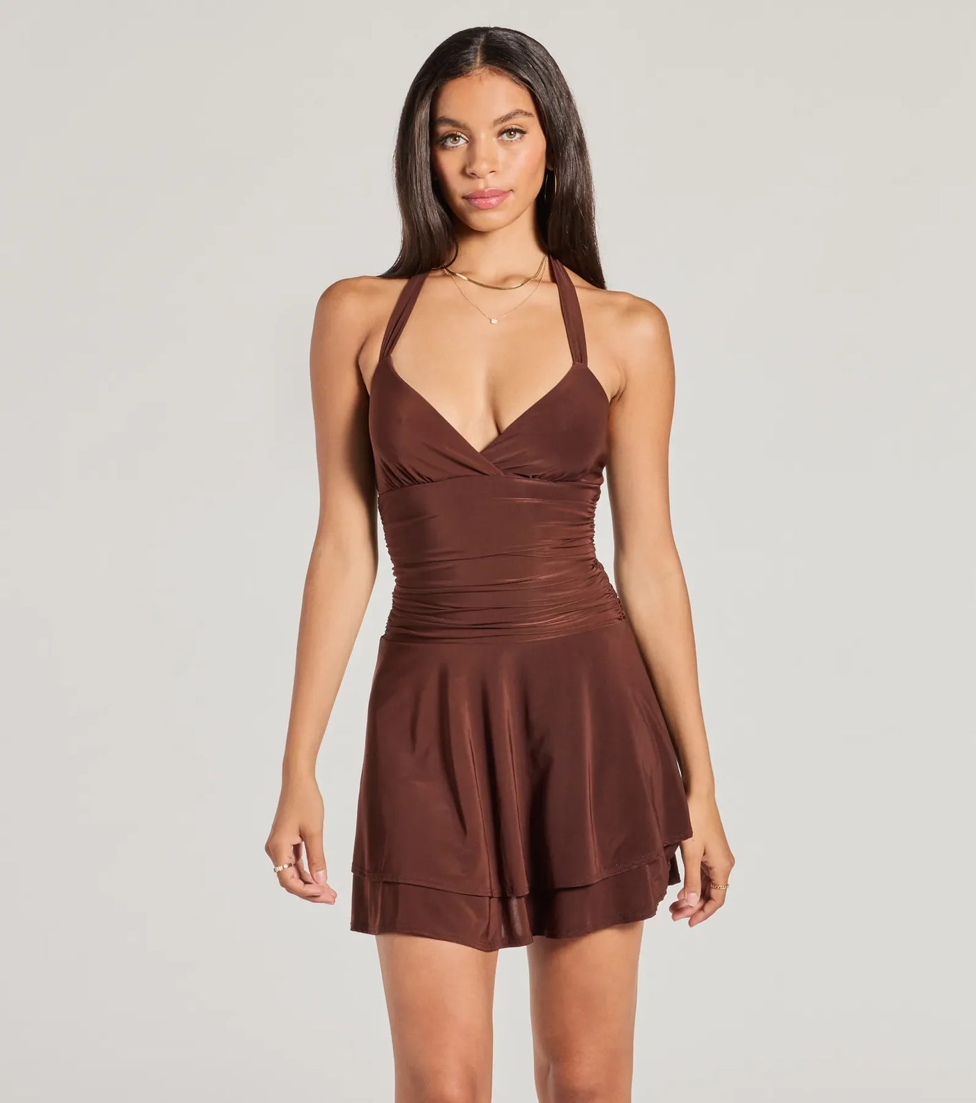 Sassy Style Ruched Knit Halter Skater Dress