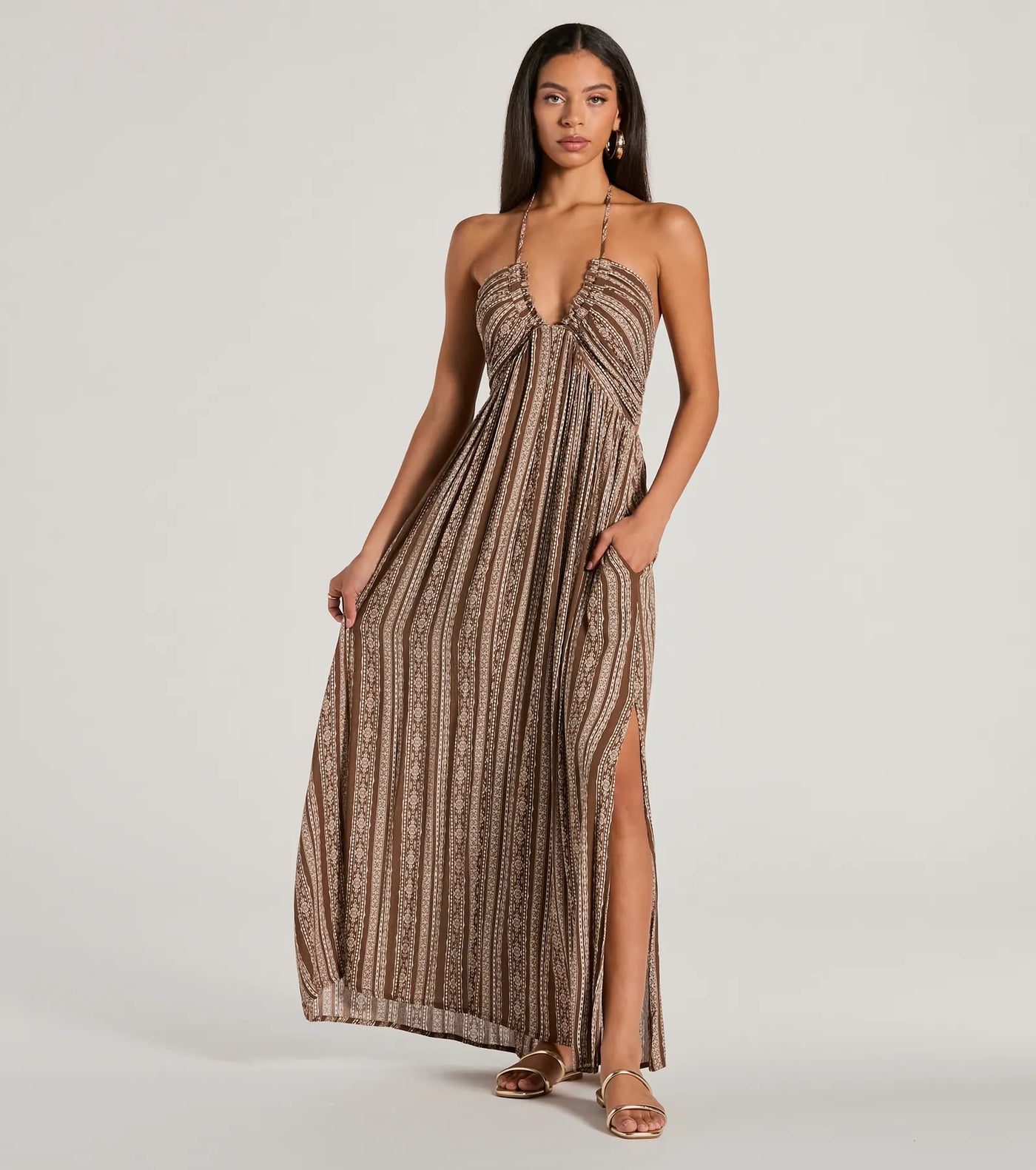 Bohemian-Chic Geometric Striped Halter Maxi Dress