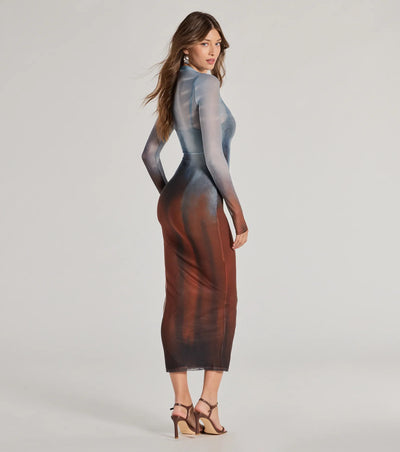 Sultry Silhouette Abstract Print Mesh Midi Dress