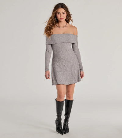 Cozy Knit Off-The-Shoulder A-Line Mini Dress