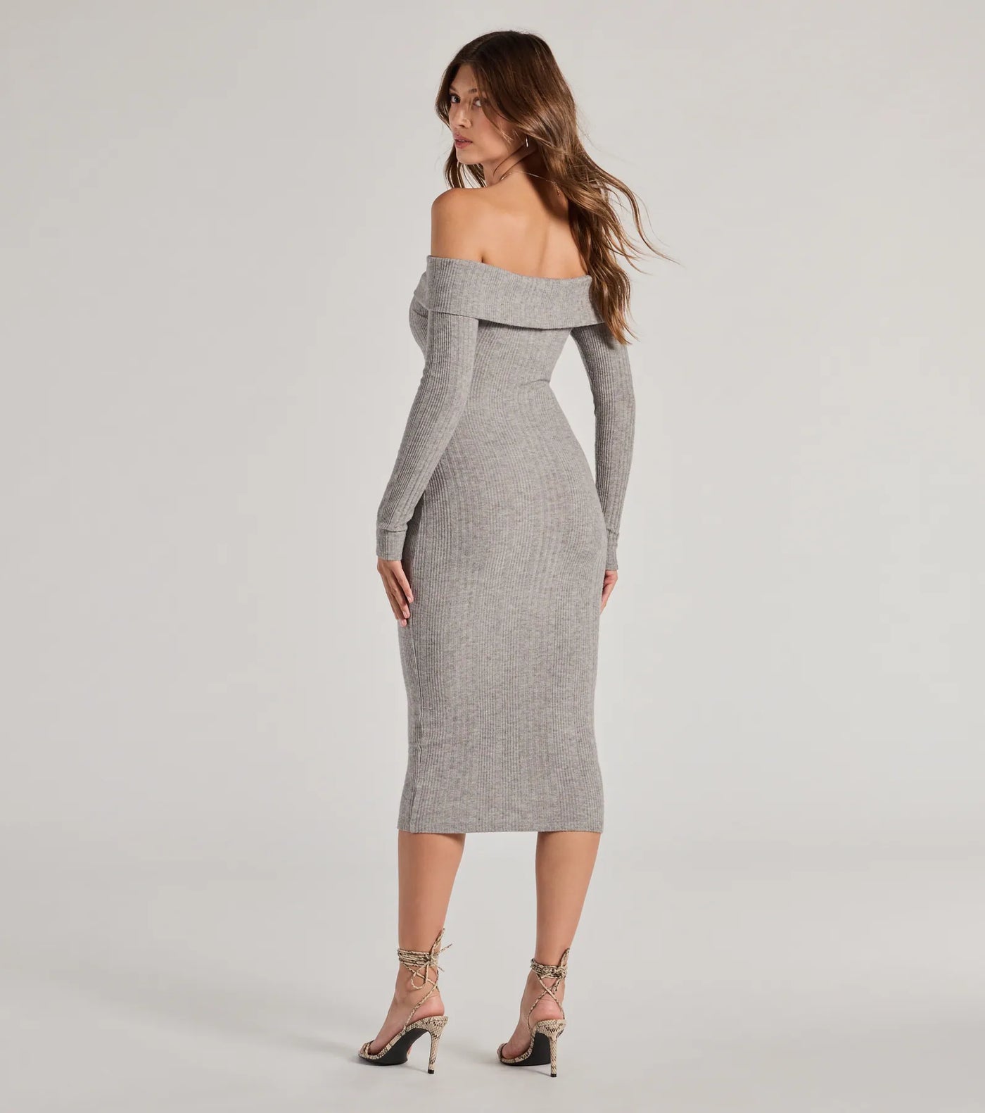 Perfect Curves Ribbed Knit Off-The-Shoulder Midi Dress