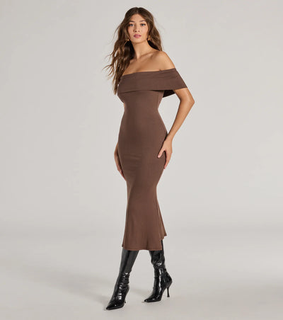 Sleek Silhouette Ribbed Knit Off-The-Shoulder Midi Dress