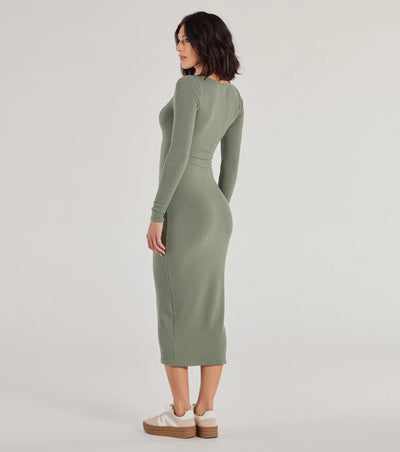 Casual Chic Style Long Sleeve Ribbed Knit Midi Dress