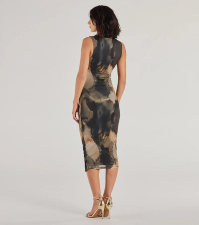 Chic Night Out Abstract Print Mesh Midi Dress