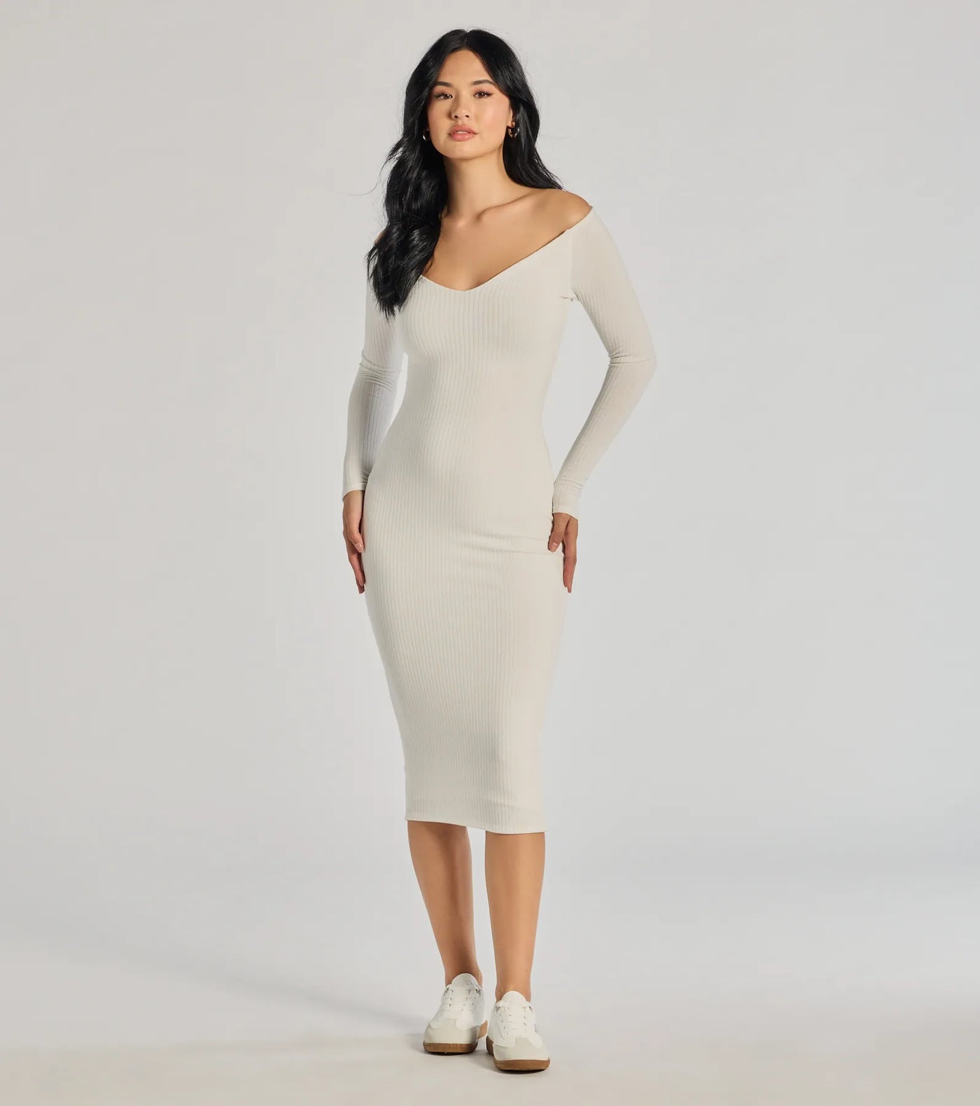 Sleek Vibes Off The Shoulder Knit Midi Dress