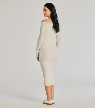 Sleek Vibes Off The Shoulder Knit Midi Dress