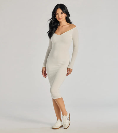 Sleek Vibes Off The Shoulder Knit Midi Dress