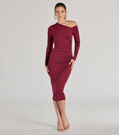 Classic And Sleek Knit Off-Shoulder Long Sleeve Midi Dress