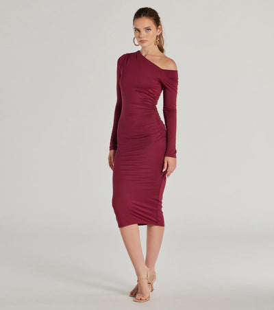 Classic And Sleek Knit Off-Shoulder Long Sleeve Midi Dress