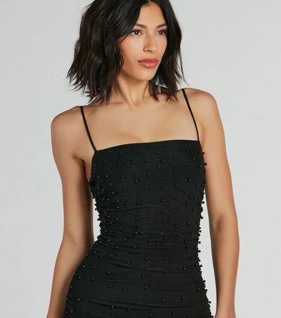 Extra Chic Pearl Ruched Mesh Mini Dress