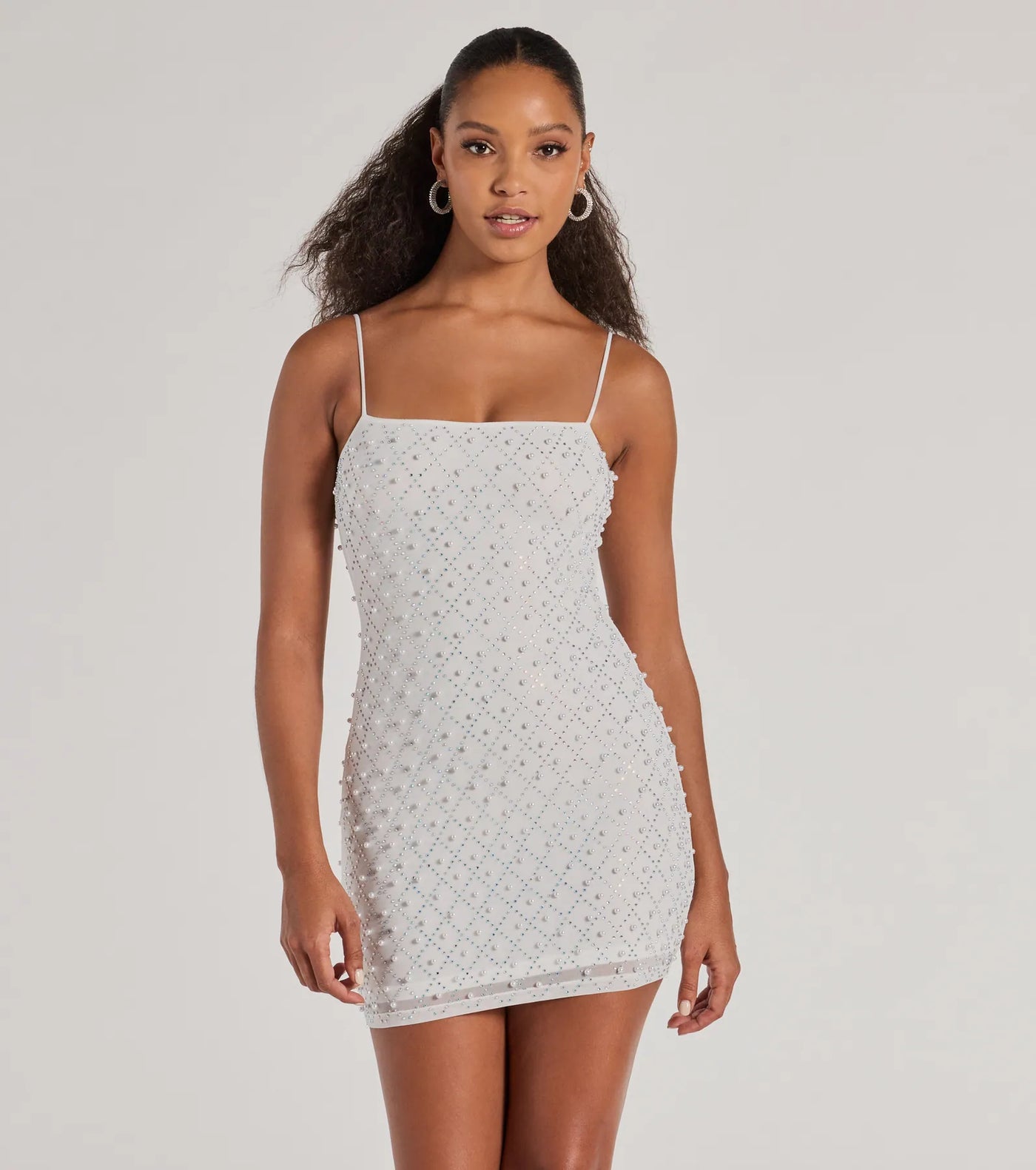 Sophisticated Radiance Rhinestone And Faux Pearl Mesh Mini Dress