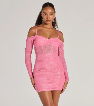 See Me Shining Glitter Off-The-Shoulder Mini Dress