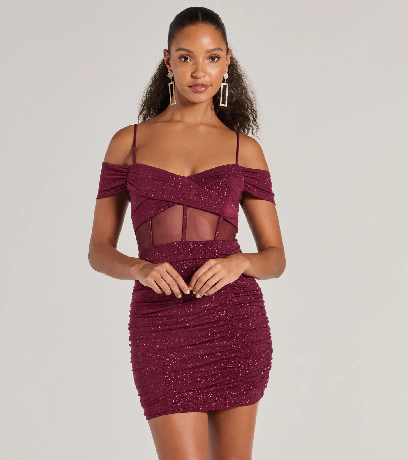 Sultry Glitz Glitter Cold-Shoulder Mini Dress