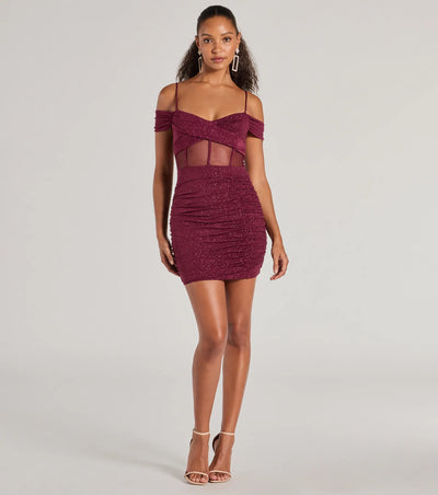 Sultry Glitz Glitter Cold-Shoulder Mini Dress