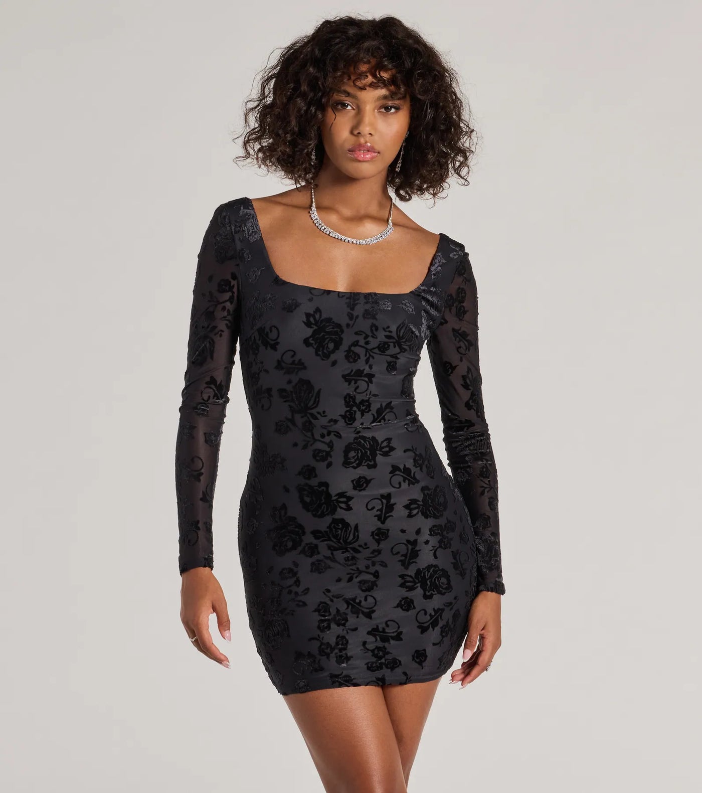 Chic Allure Floral Velvet Burnout Long Sleeve Mini Dress