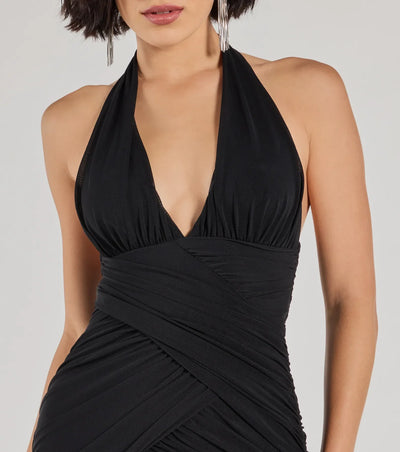 Serving Allure Halter Ruched Mesh Mini Dress