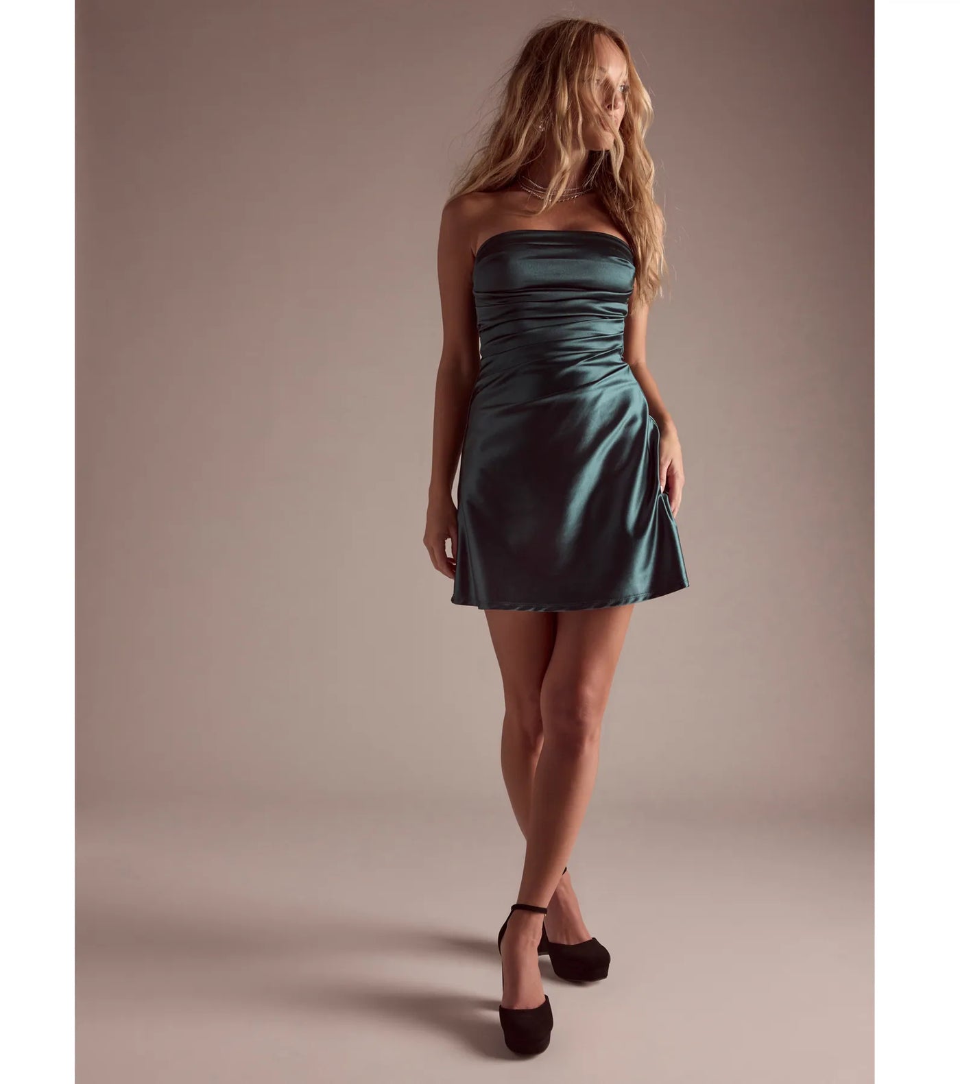 Perfect Glow Strapless Pleat A-Line Satin Mini Dress