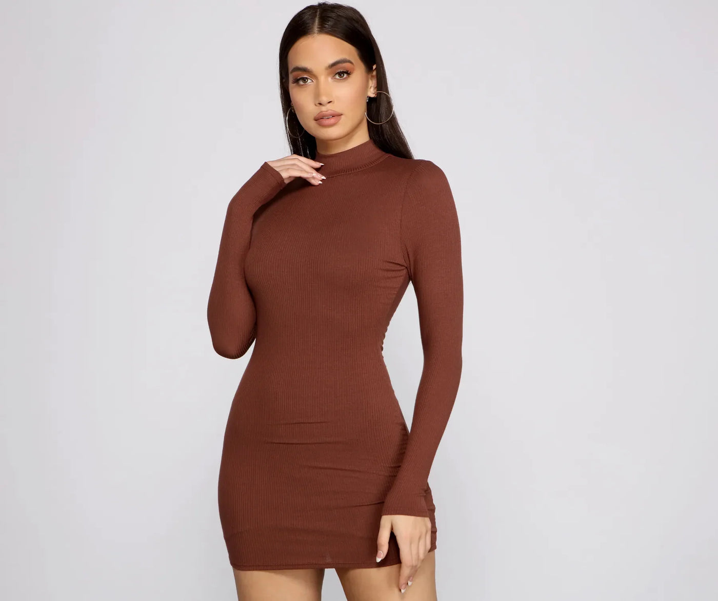 Basic Ribbed Knit Long Sleeve Mini Dress