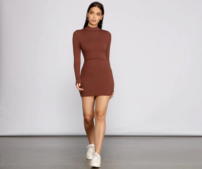 Basic Ribbed Knit Long Sleeve Mini Dress