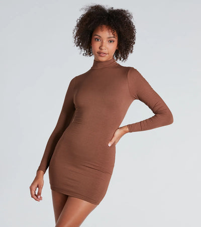 Basic Ribbed Knit Long Sleeve Mini Dress