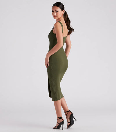 Strut And Snap Ribbed Knit Midi Dress