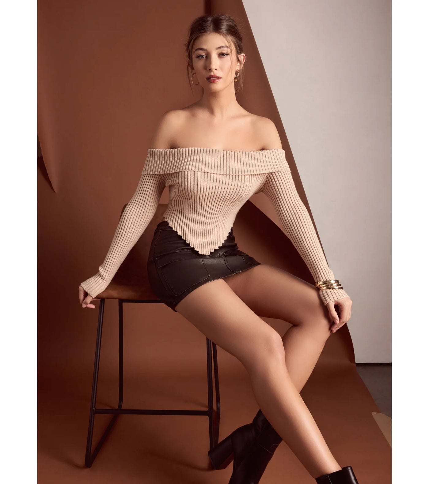 Trendy Textures Ribbed Knit Off the Shoulder Top