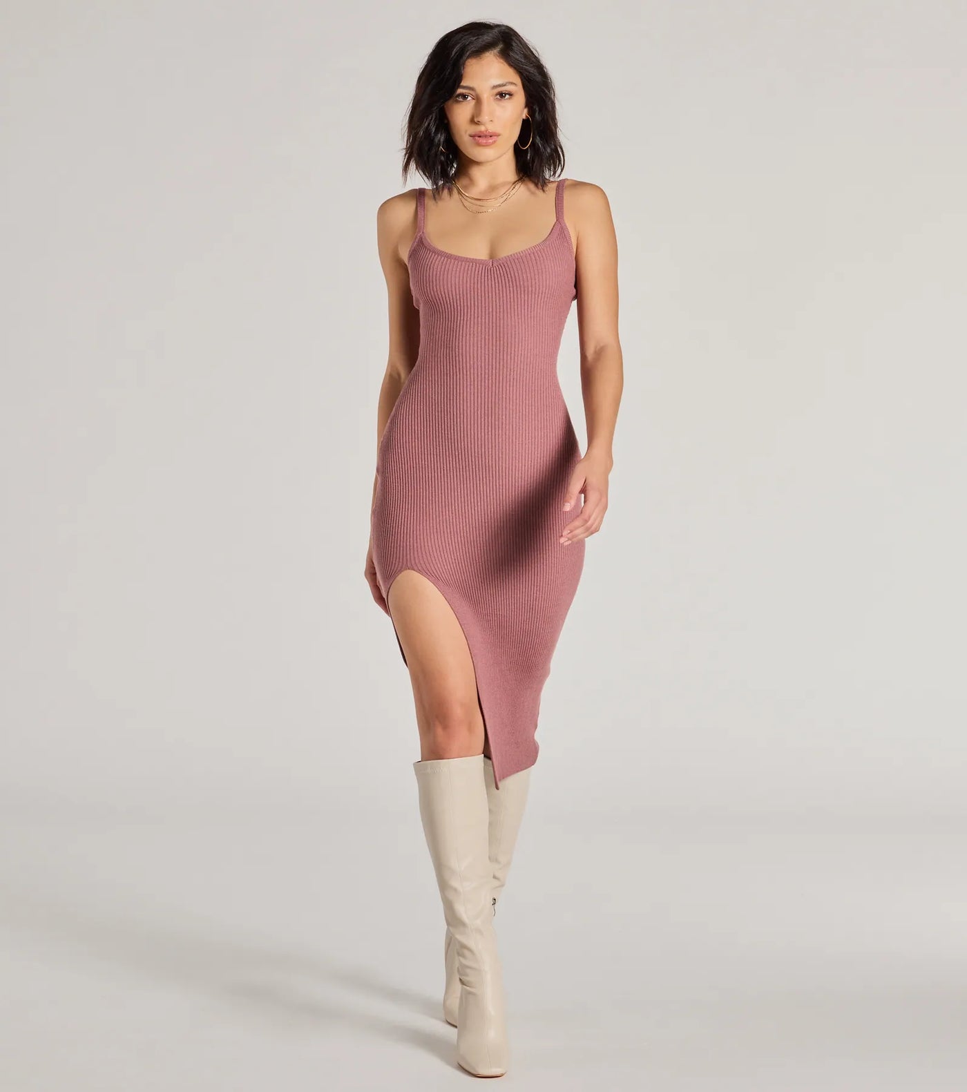 Toasty Sweetheart V-Neck Bodycon Knit Midi Dress