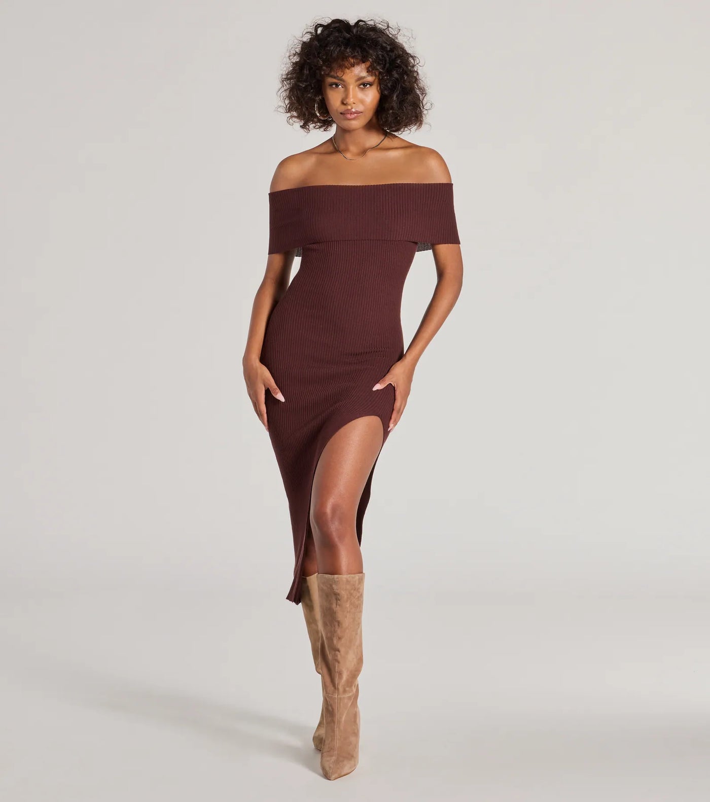 Raise The Bar Ribbed Knit High Slit Midi Dress