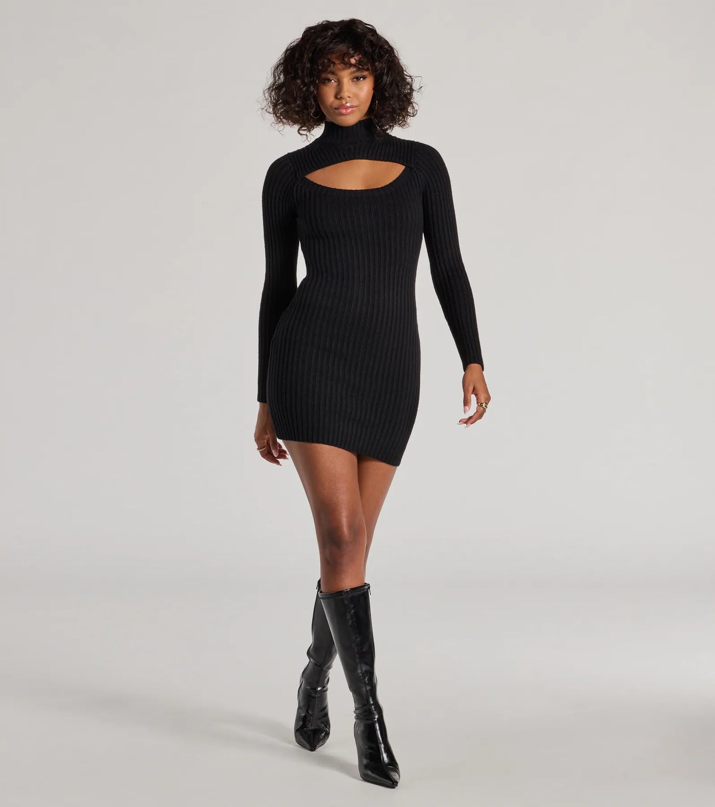 Chic Season Mock Neck Cutout Ribbed Knit Mini Dress