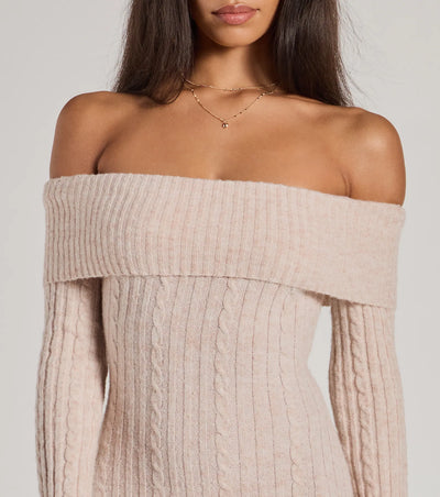 Cozy Luxe Cable Knit Off-The-Shoulder Midi Dress