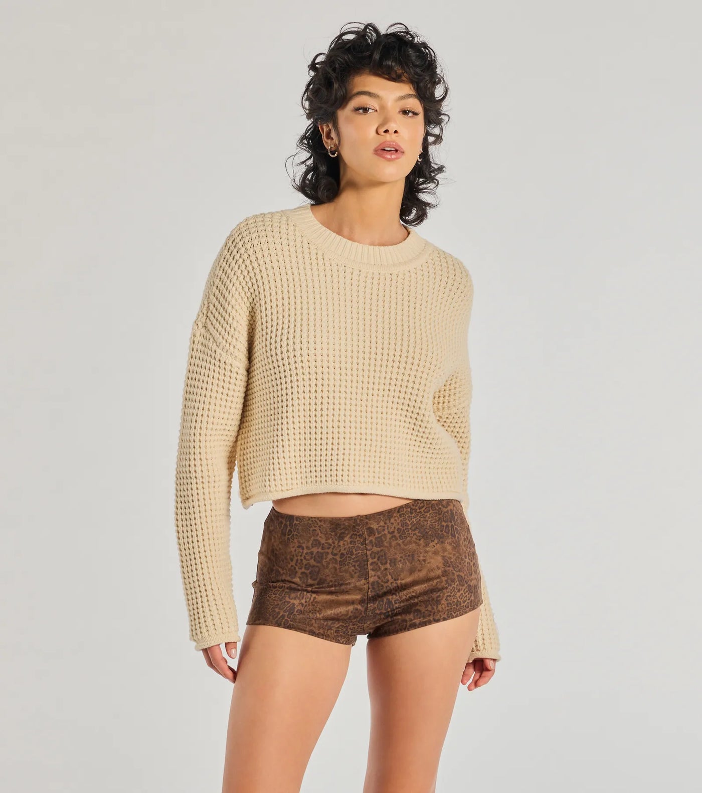 Coziest Style Waffle Knit Crew Neck Sweater