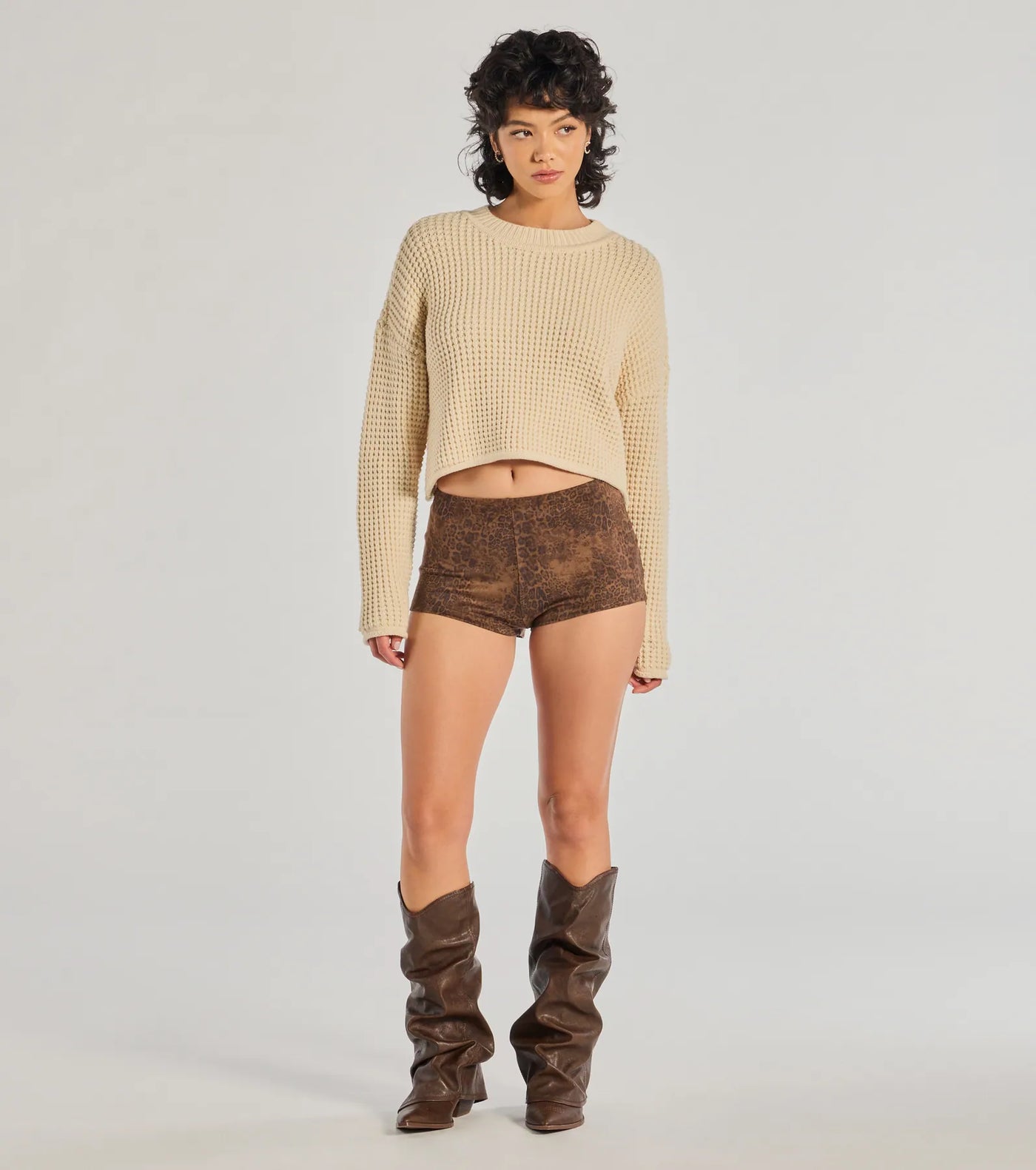 Coziest Style Waffle Knit Crew Neck Sweater