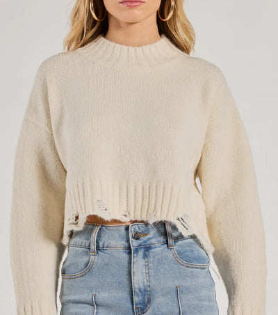 On-Trend Distressed Knit Mock Neck Sweater