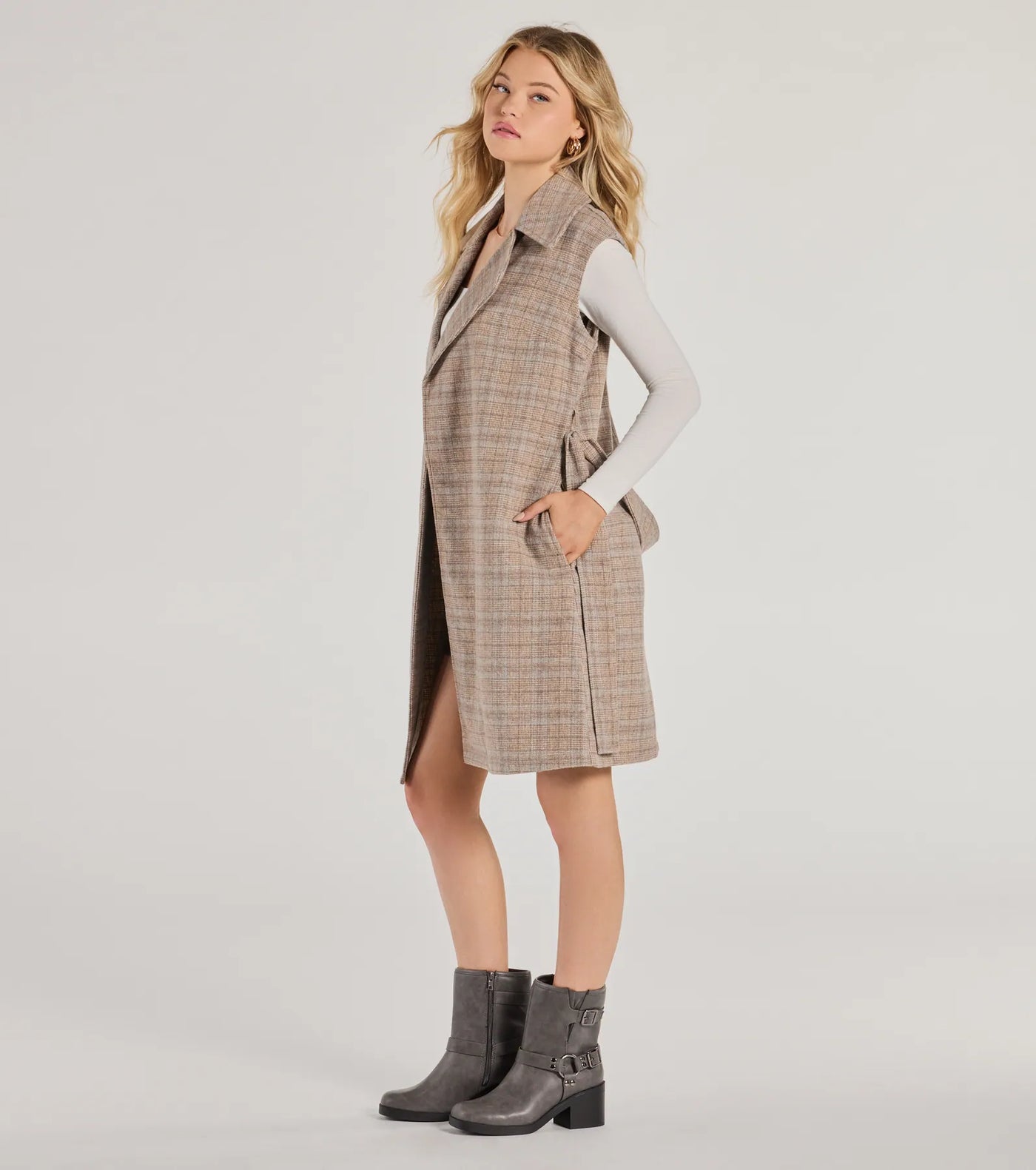 Plaid Pursuit Faux Wool Long Belted Vest