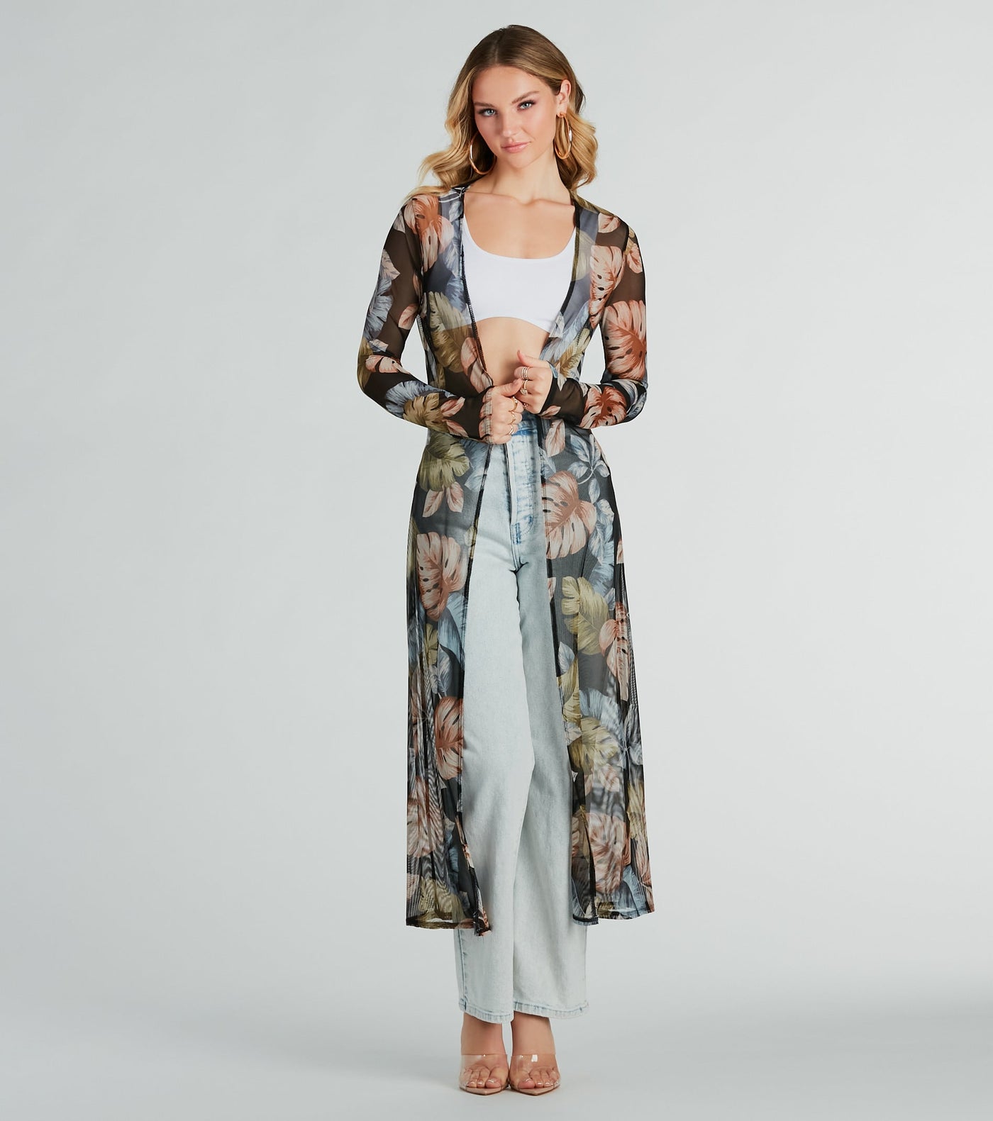 Resort-Ready Tropical Print Mesh Duster