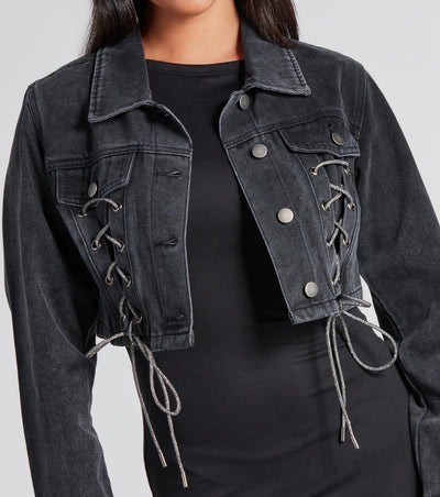 Outshine In Rhinestone Lace-Up Denim Jacket