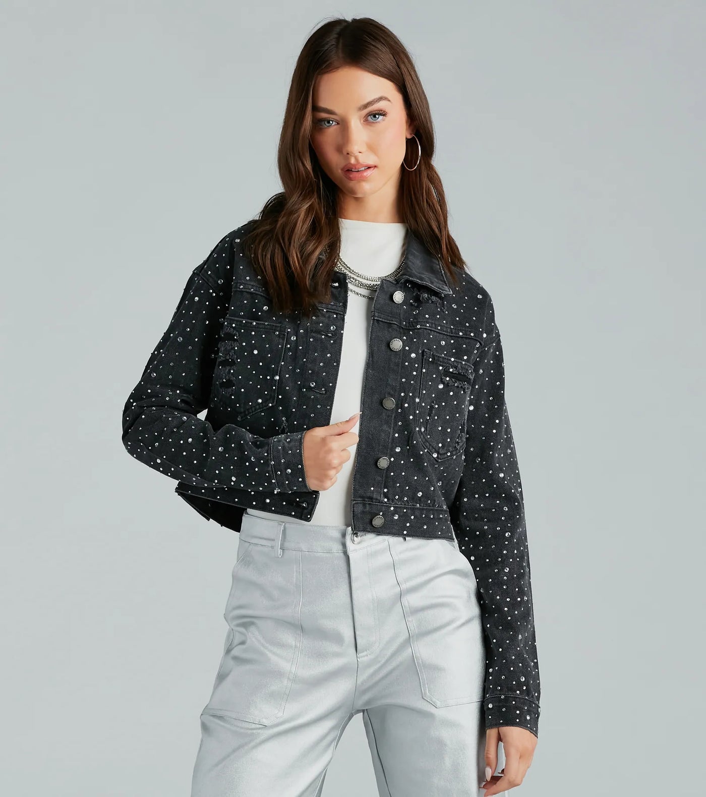 Casual Glamour Rhinestone Cropped Denim Jacket