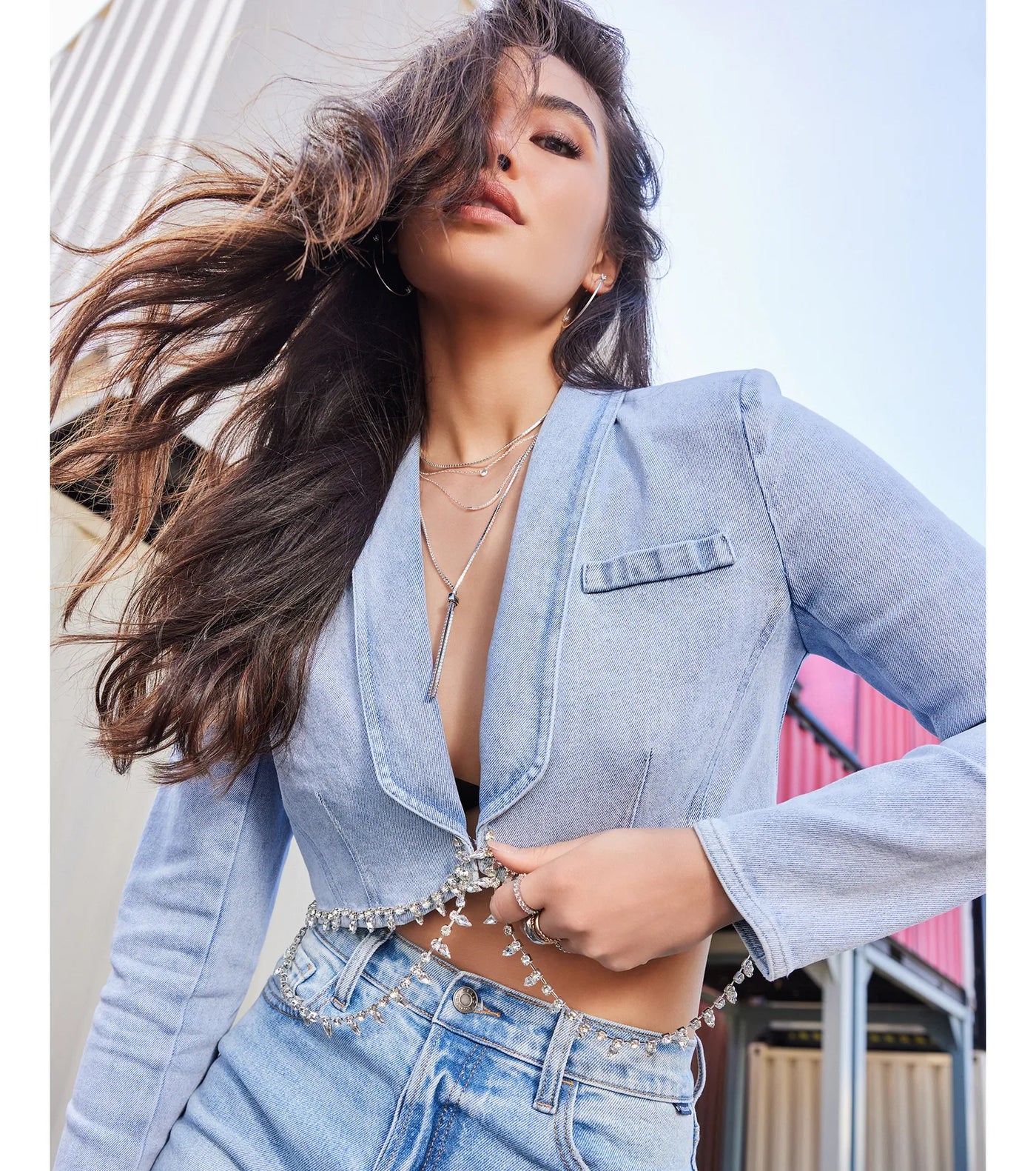 Oh So Icy Rhinestone Trim Crop Denim Blazer