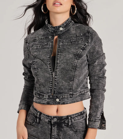 Edgy Arrival Moto Acid Wash Denim Jacket