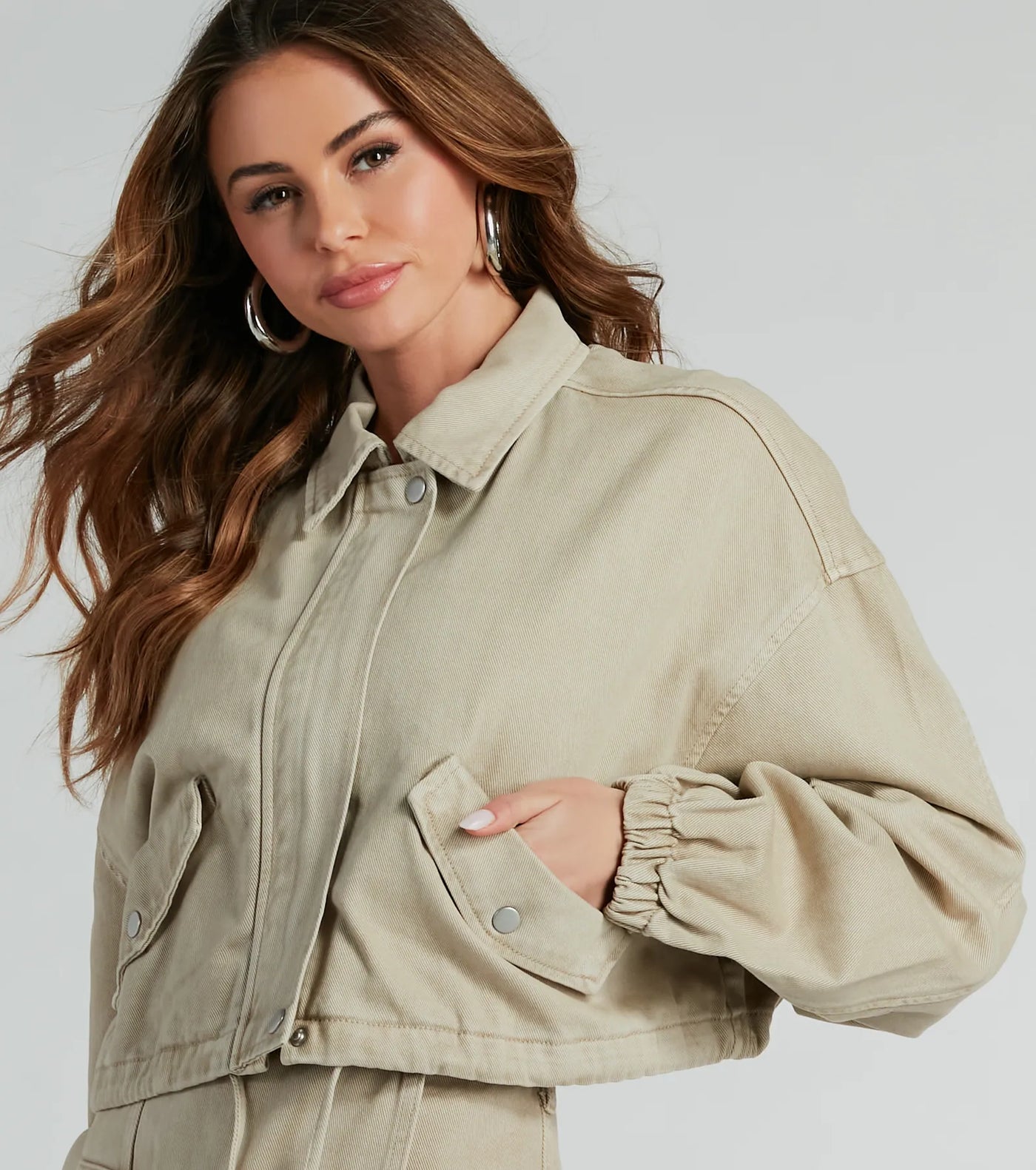 Top Notch Cargo Twill Crop Bomber Jacket