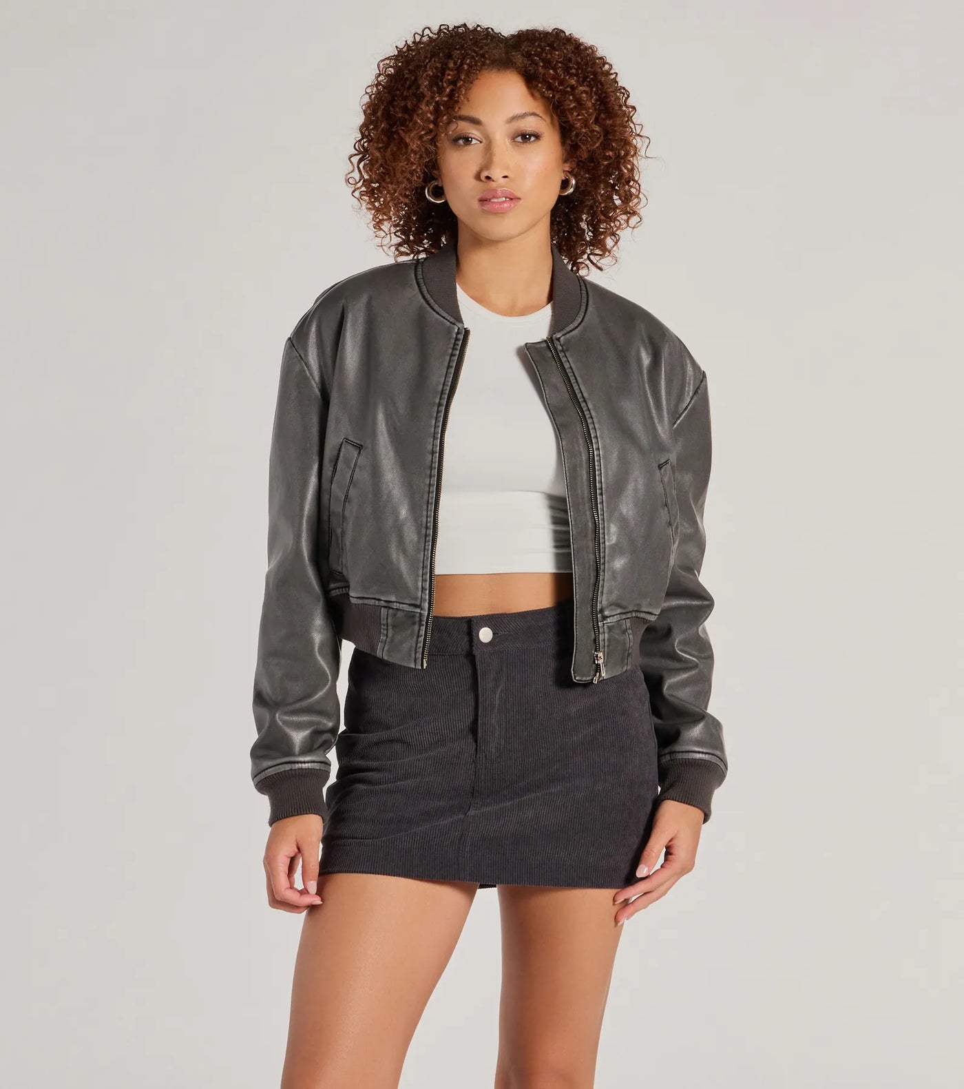 Casual Slay Cropped Oversized Faux Leather Bomber Jacket