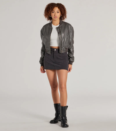 Casual Slay Cropped Oversized Faux Leather Bomber Jacket