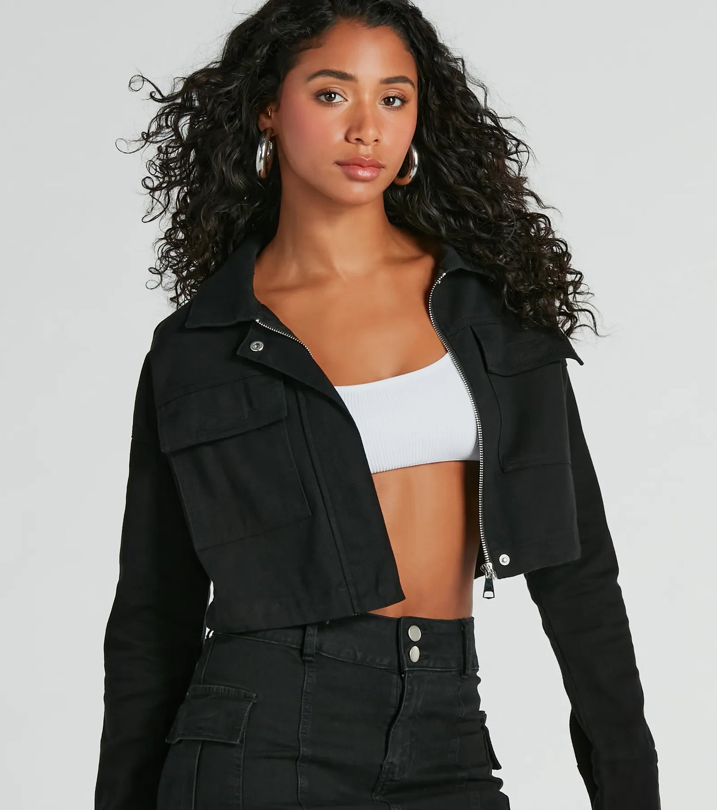 Stylish Expedition Cargo Pocket Crop Bomber Jacket