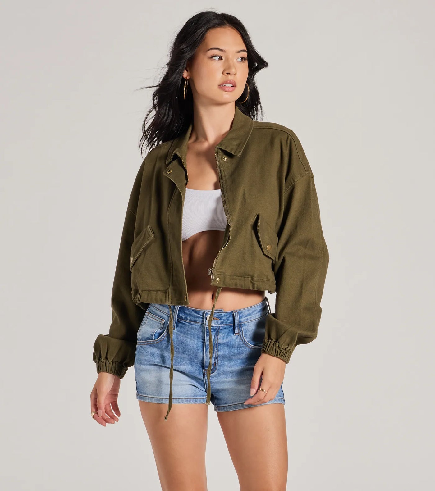 Top Notch Cargo Twill Crop Bomber Jacket