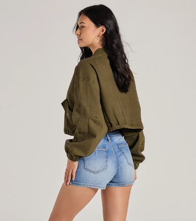 Top Notch Cargo Twill Crop Bomber Jacket