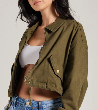 Top Notch Cargo Twill Crop Bomber Jacket