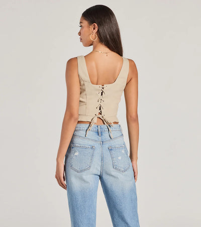 Effortless Style Lace-Up Crop Button Vest