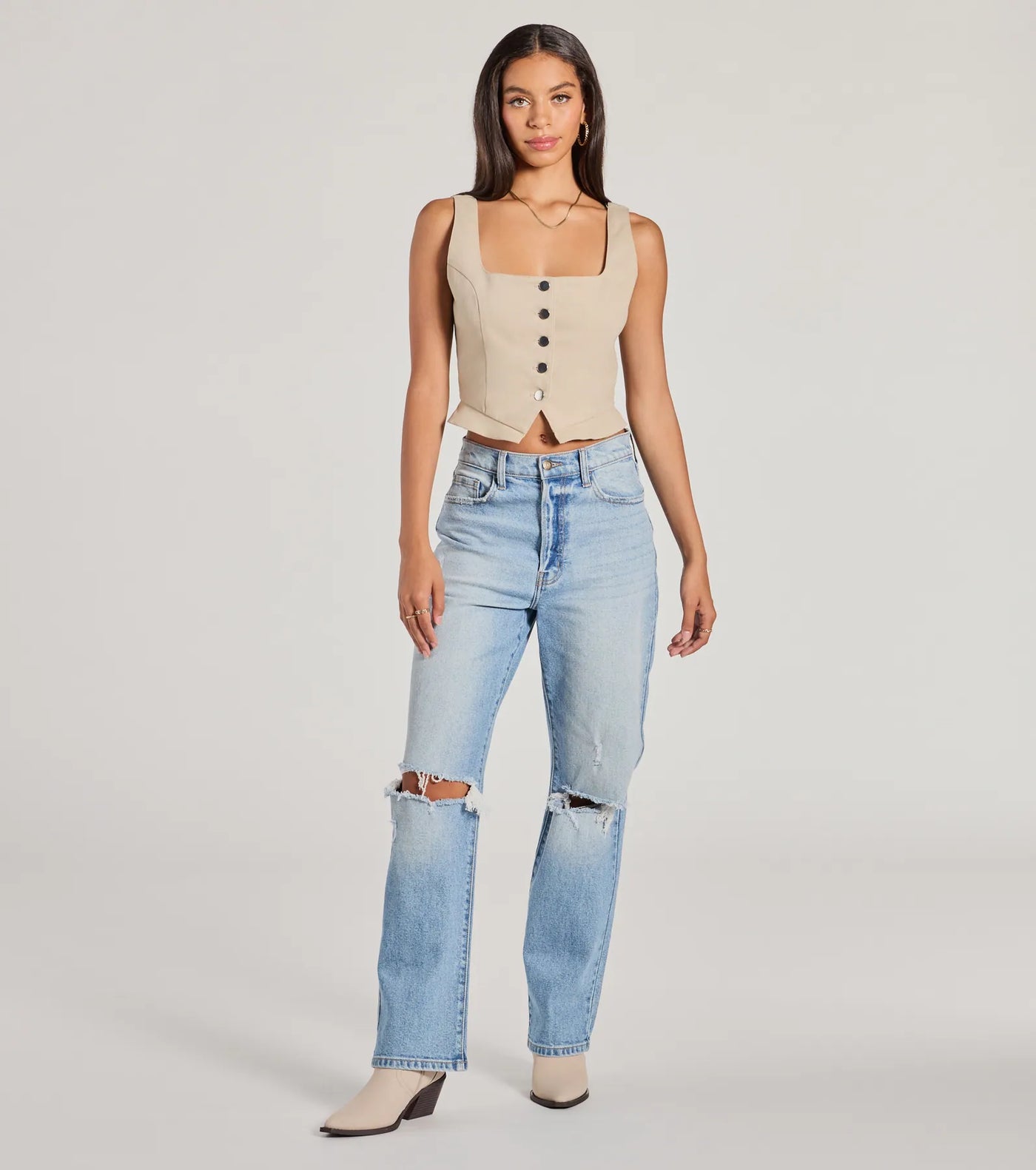 Effortless Style Lace-Up Crop Button Vest