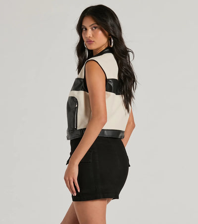 Meet The Crew Contrast Moto Faux Leather Vest